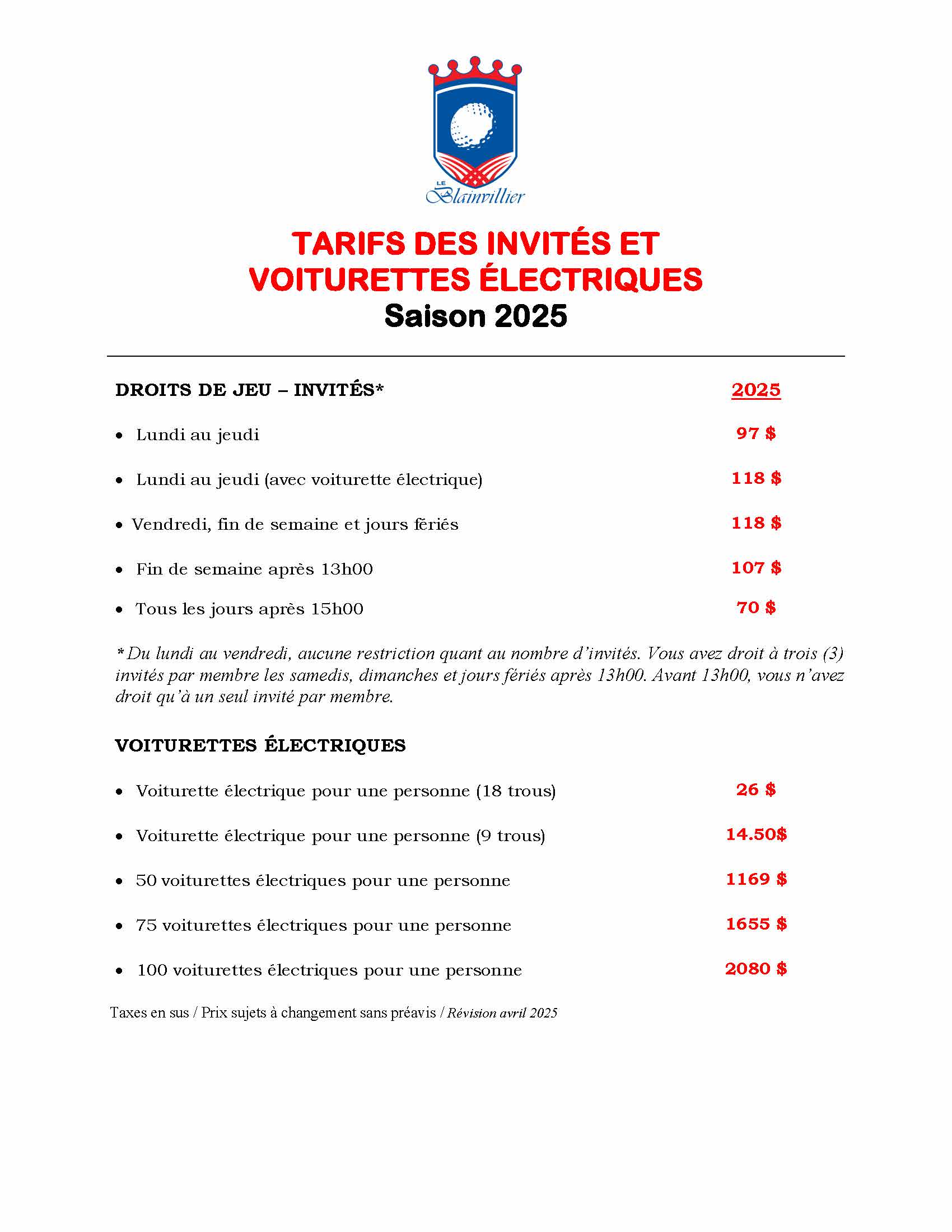Tarifs des invités 2025